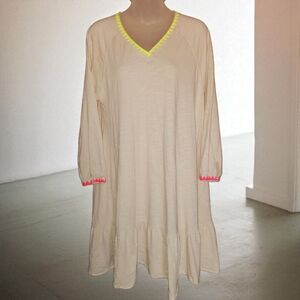 Lisa Todd Womens Small Ivory & Neon Embroidered Dress Long Sleeve Cotton
